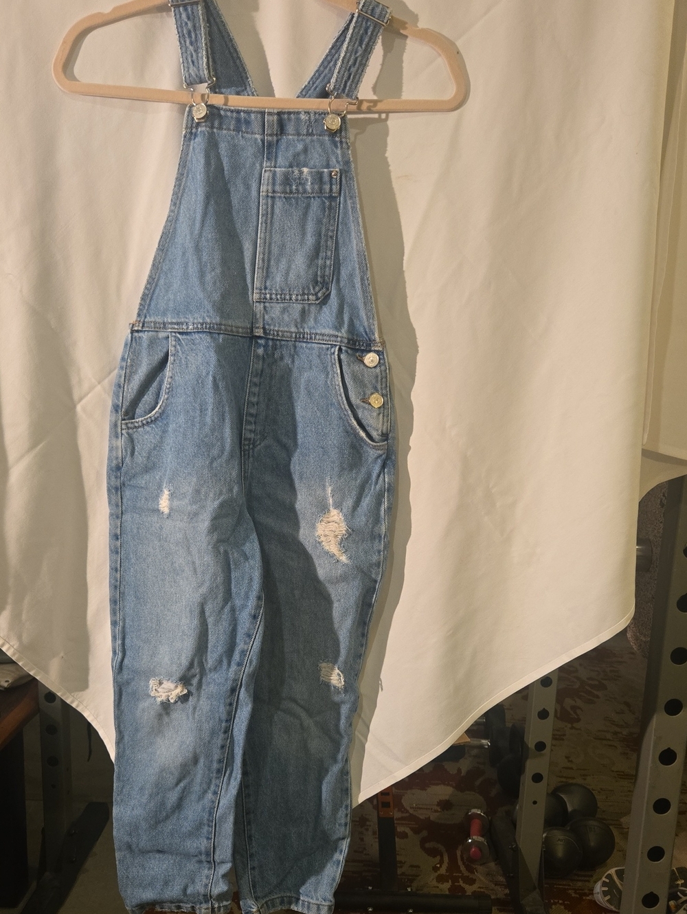 Zara Light Blue Distressed Denim Overalls
